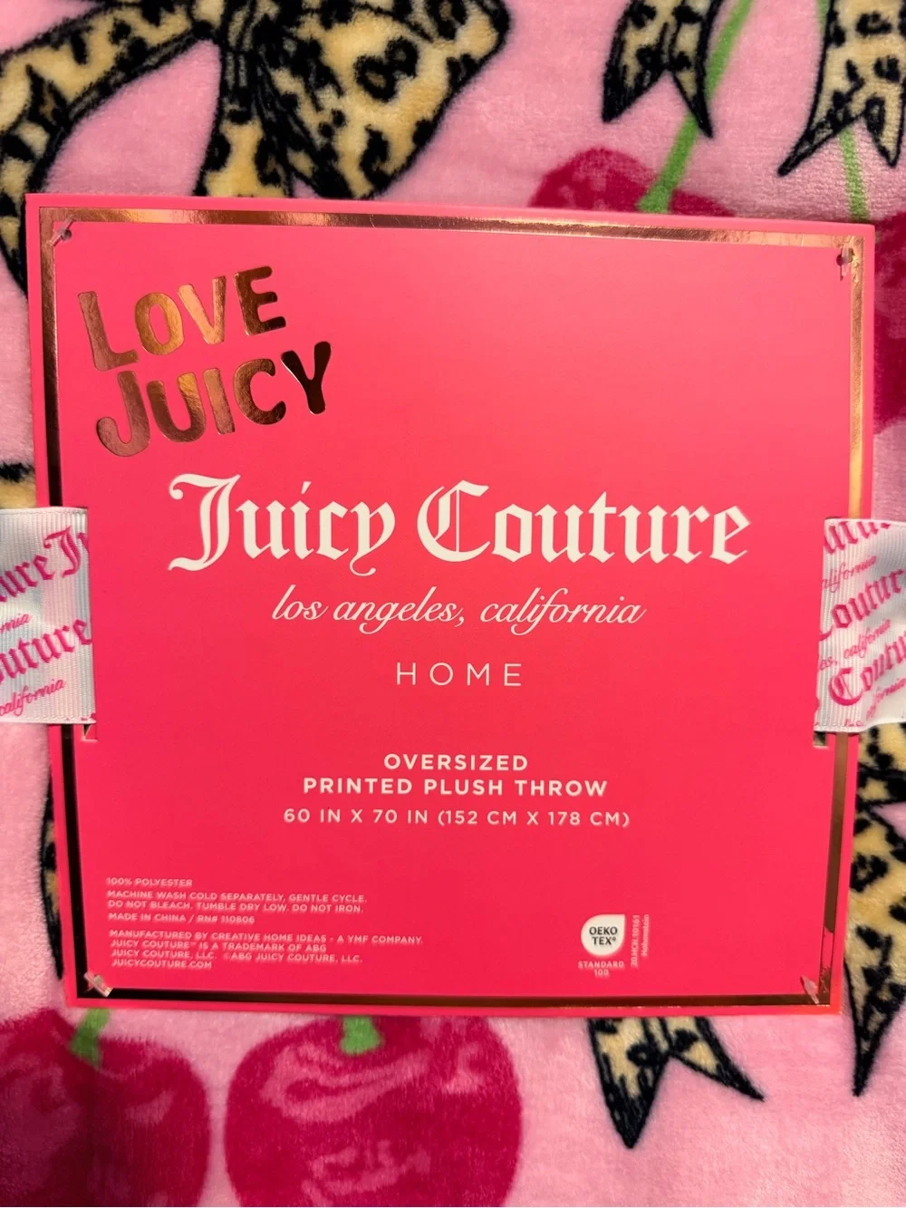 Juicy Couture Pink Cherry & Leopard Bow Plush Throw